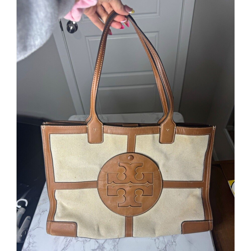 Tory Burch Beige/Brown Tote Bag Zip Closure Double Handles Inner Pockets Gold